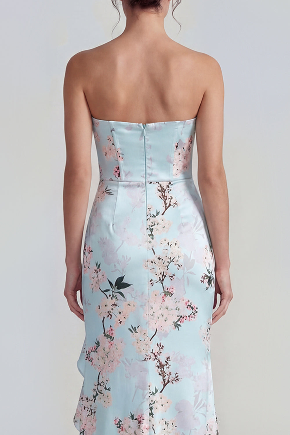Pink Strapless Sheath Corset Long Floral Dress with Ruffle Slit