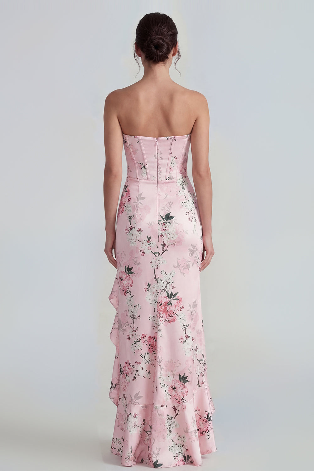 Pink Strapless Sheath Corset Long Floral Dress with Ruffle Slit