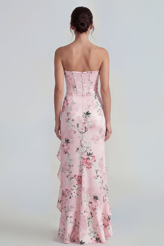 Pink Strapless Sheath Corset Long Floral Dress with Ruffle Slit