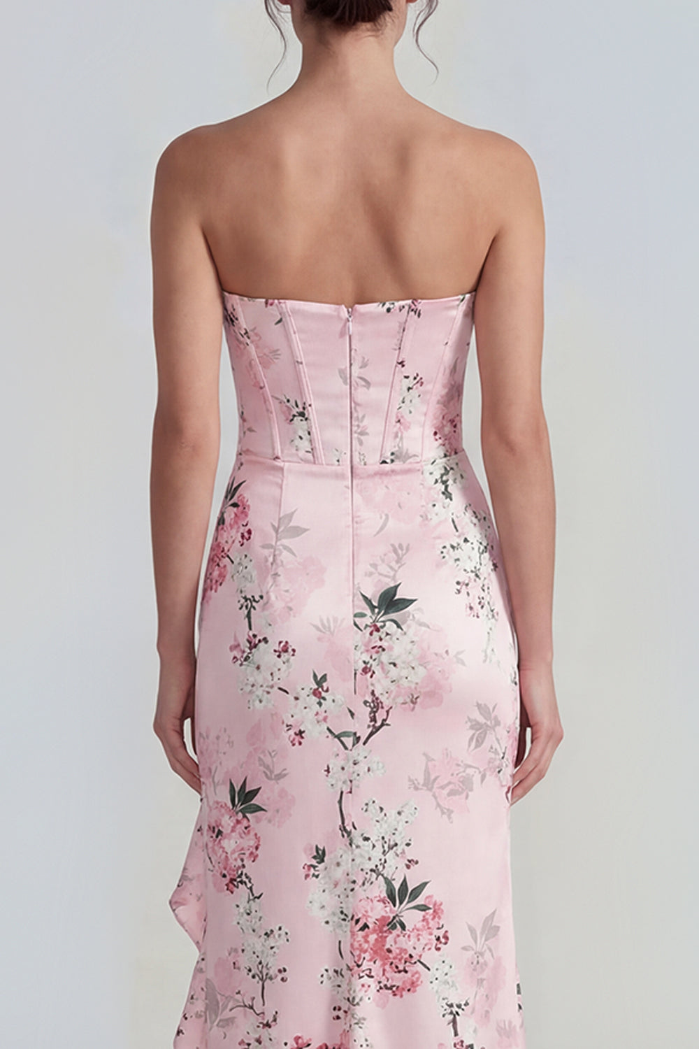 Pink Strapless Sheath Corset Long Floral Dress with Ruffle Slit