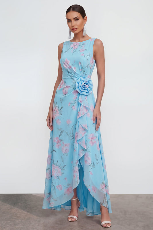 Blue A-Line 3D Flower Printed Long Chiffon Dress with Ruffle Slit