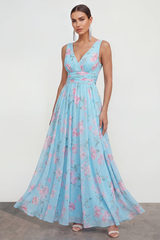 Vestido maxi floral de chifón con cuello en V línea A azul