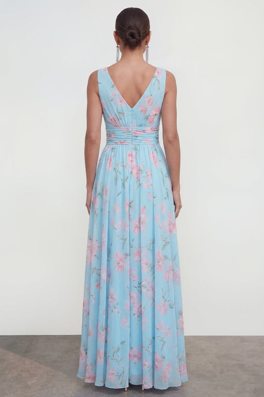 Vestido maxi floral de chifón con cuello en V línea A azul