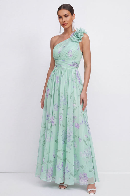 Green One Shoulder A-Line Ruched Chiffon Floral Dress with 3D Flower