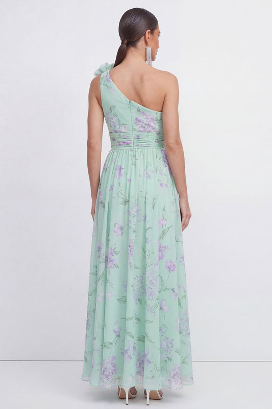 Green One Shoulder A-Line Ruched Chiffon Floral Dress with 3D Flower
