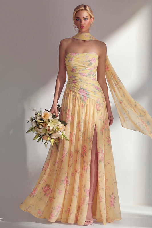 Chiffon Yellow Pink Flower Printed Ruched Strapless Long Bridesmaid Dress with Slit