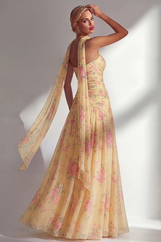 Chiffon Yellow Pink Flower Printed Ruched Strapless Long Bridesmaid Dress with Slit