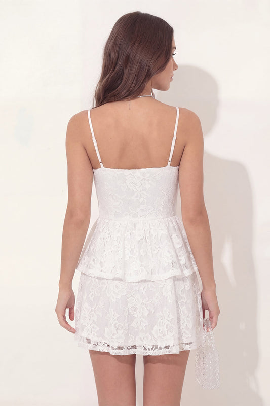 White Lace Floral A-Line Tiered Ruffle Mini Graduation Dress