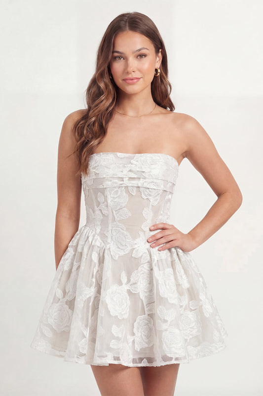 Strapless White Appliqued Corset A-Line Mini Dress