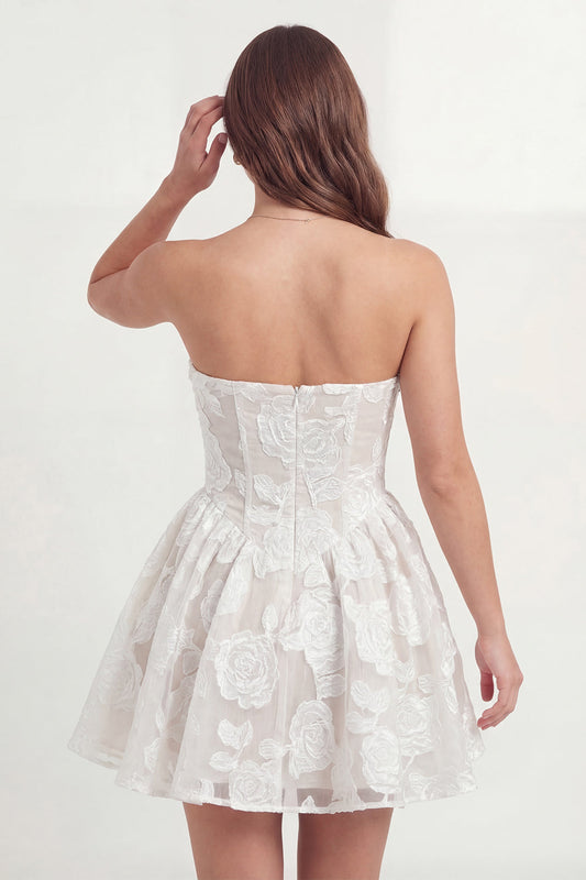 Strapless White Appliqued Corset A-Line Mini Dress