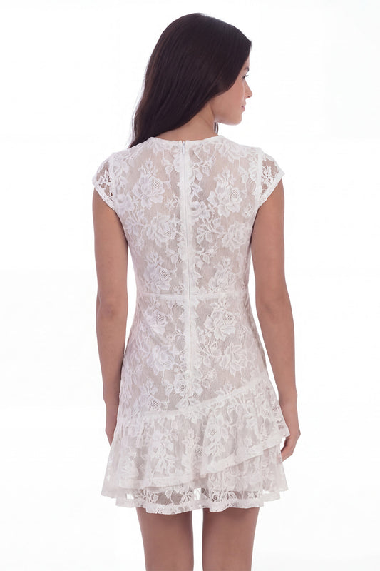 White Lace Round Neck Ruffled Short Graduation Dress with Sleeves