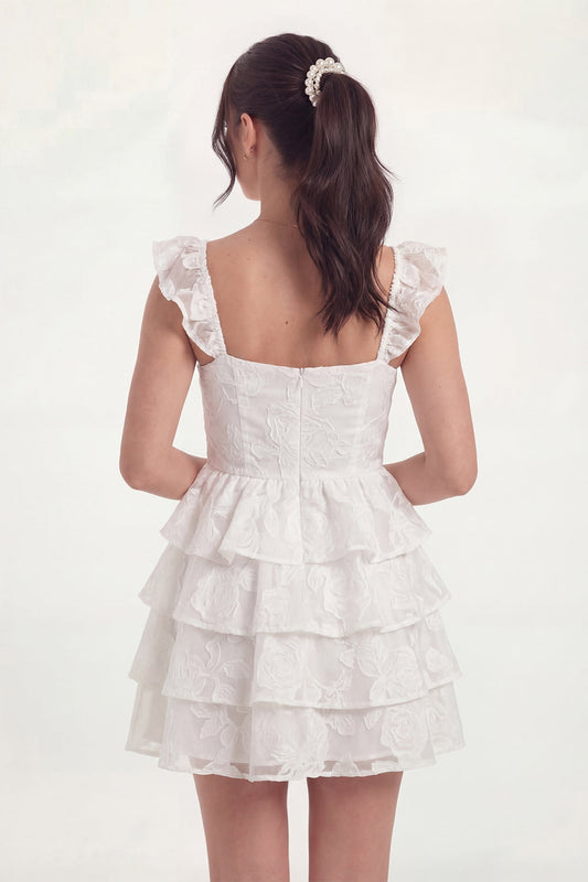 White Floral Corset A-Line Tiered Ruffled Short Graduation Dress