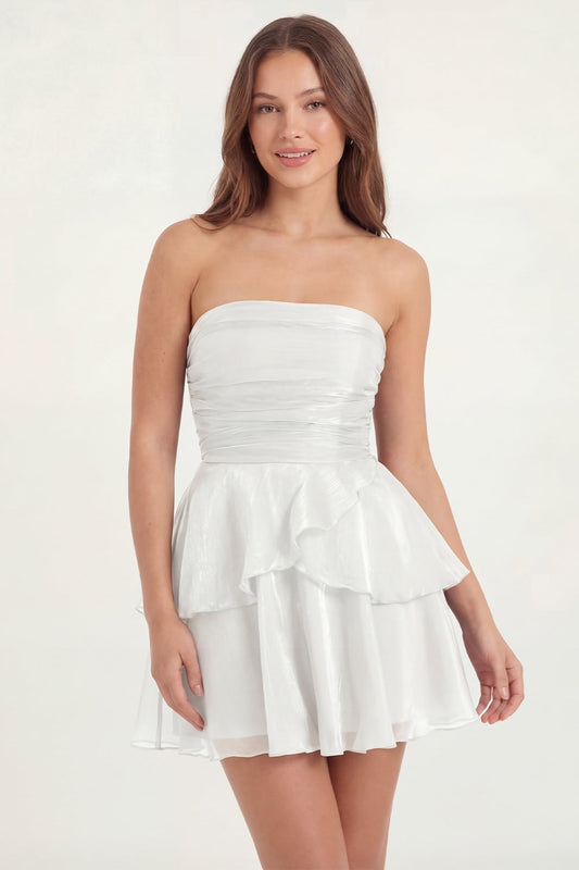 Glitter White Strapless A-Line Tiered Ruffled Short Graduation Dress