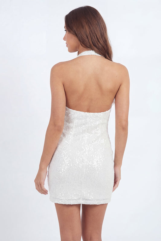 Sparkly White Sequin Halter Neck Bodycon Short Graduation Dress