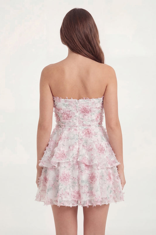 White Pink Flower Tiered Ruffled Strapless A Line Short Graduation Dress
