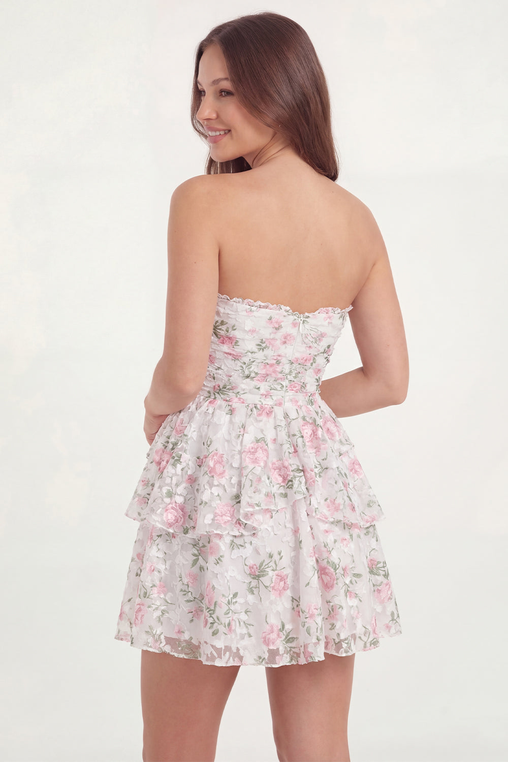 White Pink Flower Strapless A Line Ruffled Mini Graduation Dress