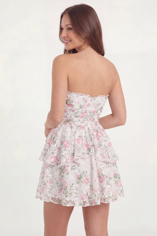 White Pink Flower Strapless A Line Ruffled Mini Graduation Dress