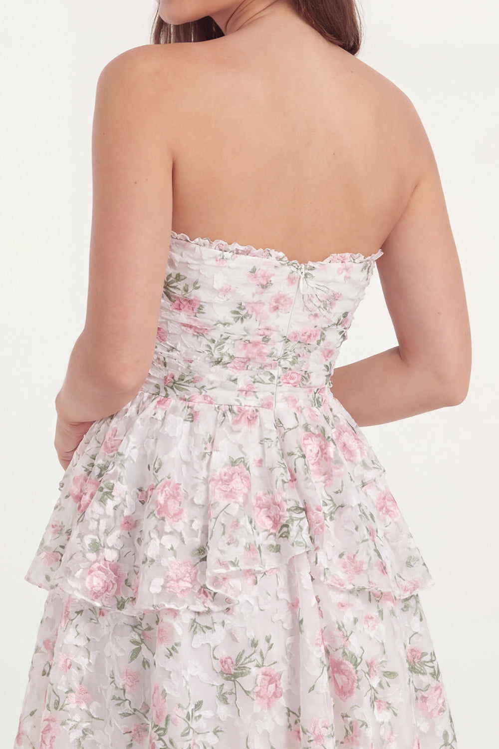 White Pink Flower Strapless A Line Ruffled Mini Graduation Dress