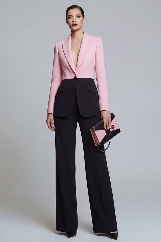 Black Pink 2 Piece Peak Lapel Women Suits with Sleeves