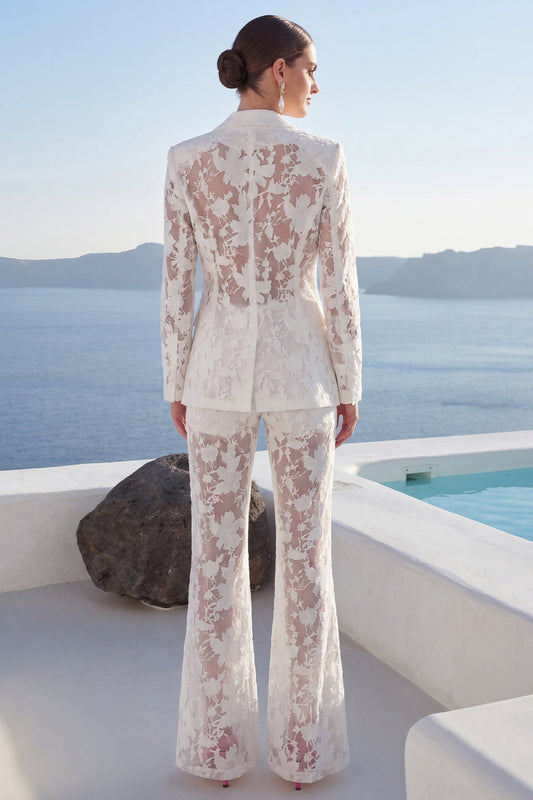 White Peak Lapel 2-Piece Lace Appliqued Women's Suits with Sleeves