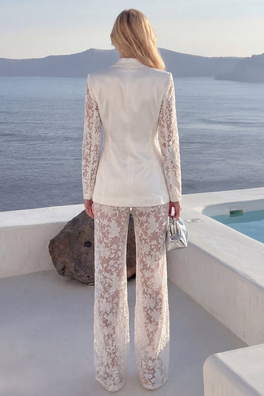 White 2 Piece Lace Appliquéd Peak Lapel Flower Women's Suit with Sleeves