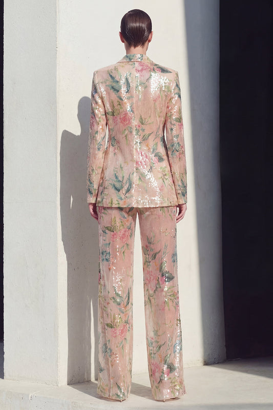 Ensemble de costume de bal champagne floral 2 pièces à jambe large, revers cranté et simple boutonnage