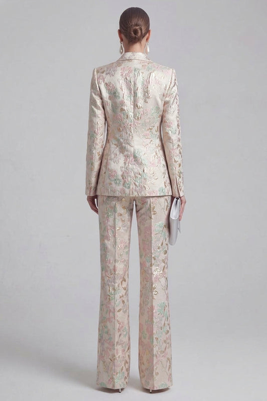Champagne and Pink 2-Piece Floral Peak Lapel Double-Breasted Prom Suits