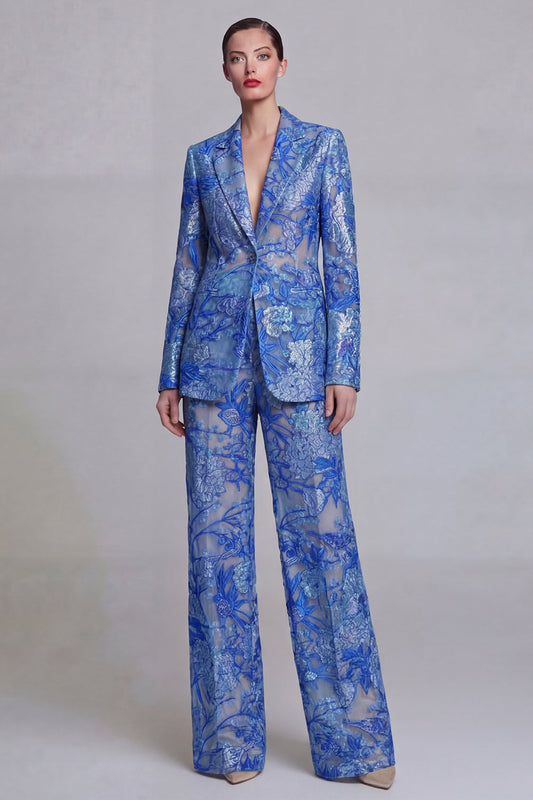 Dark Blue Lace Floral 2 Piece Single Breasted Notched Lapel Prom Suits