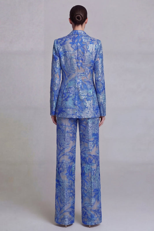 Dark Blue Lace Floral 2 Piece Single Breasted Notched Lapel Prom Suits