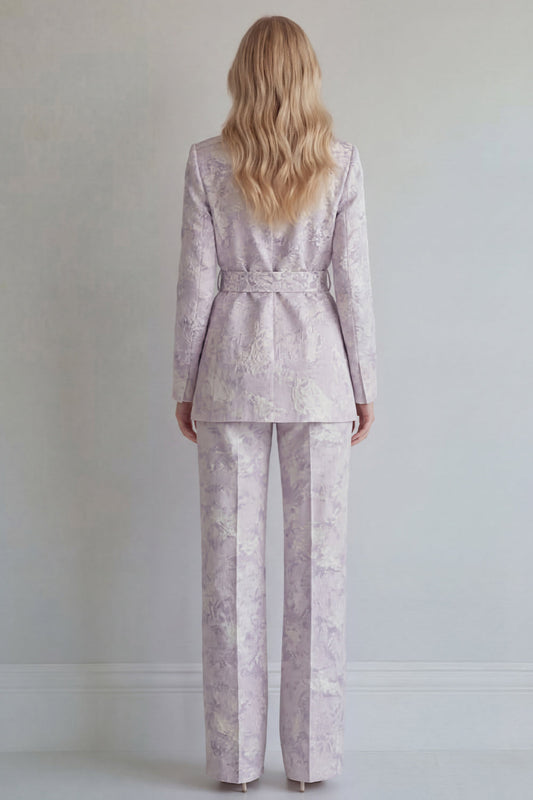 Lilac Floral Single-Breasted 2-Piece Peak Lapel Wide Leg Prom Suit with Belt