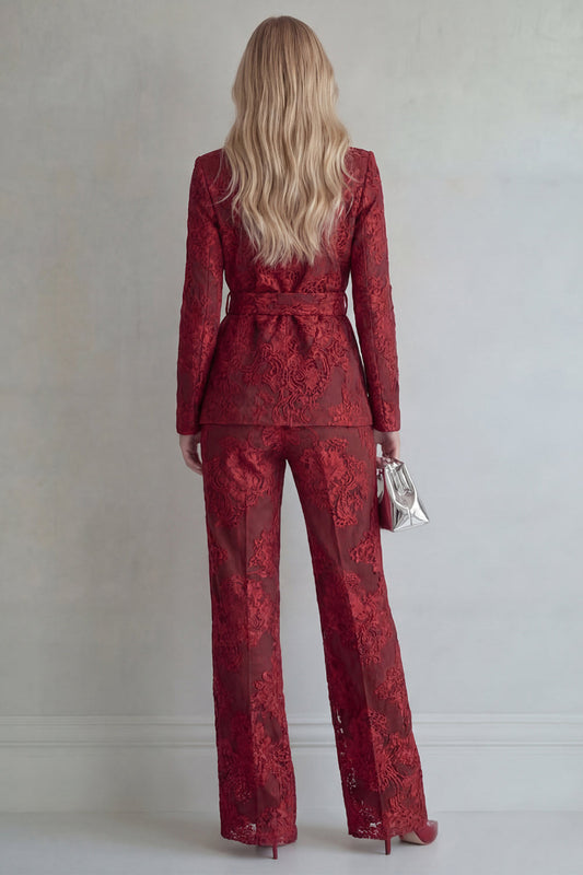 Red Lace Peak Lapel Floral 2 Piece Slim Fit Prom Suit with Belt