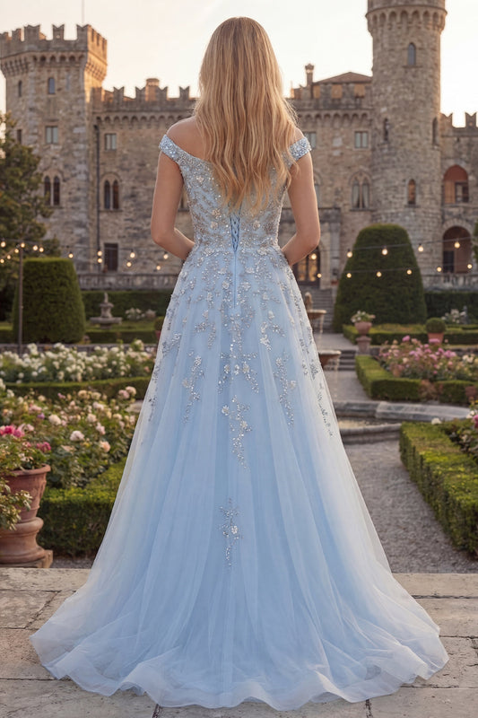 Sparkly Blue Off-the-Shoulder A-Line Corset Beaded Tulle Long Prom Dress with Appliques