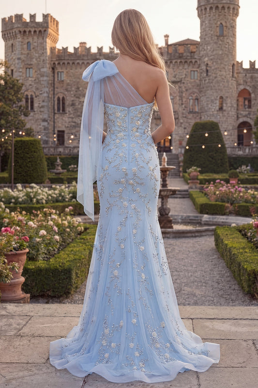 Sparkly Blue One-Shoulder Mermaid Appliquéd Beaded Tulle Prom Dress with Bow