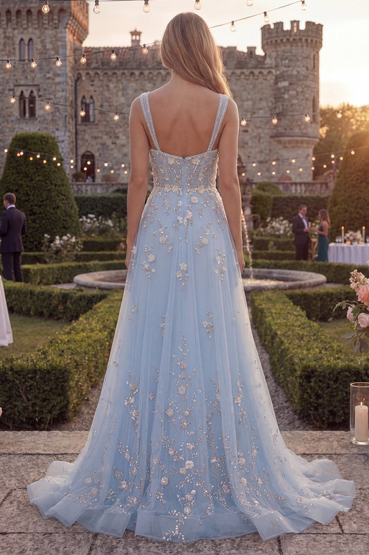 Sparkly Blue A-Line Spaghetti Straps Beaded Tulle Long Prom Dress with Appliques
