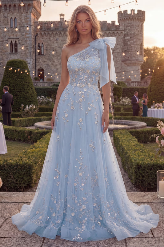 Sparkly Blue A-Line One-Shoulder Bow Beaded Tulle Long Prom Dress with Appliques