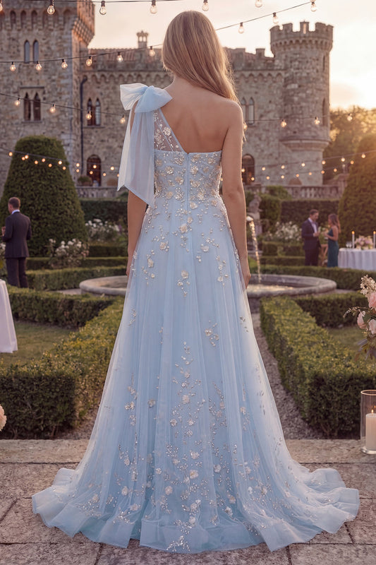 Sparkly Blue A-Line One-Shoulder Bow Beaded Tulle Long Prom Dress with Appliques