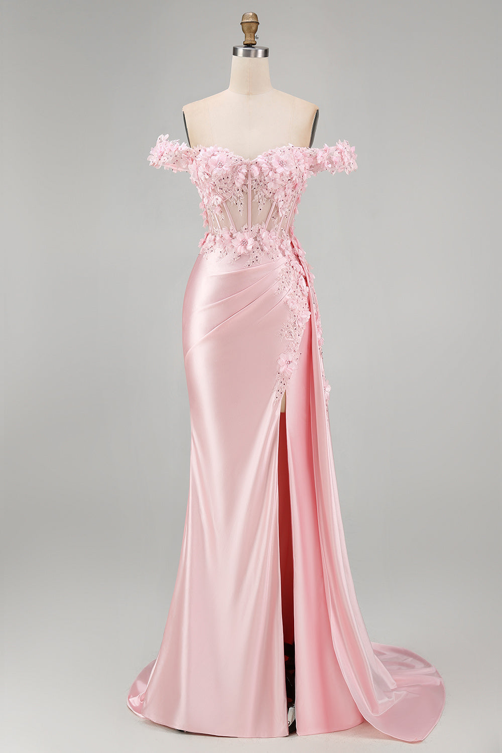 Pink Mermaid Sheer Corset Off The Shoulder Long Prom Dress with Slit