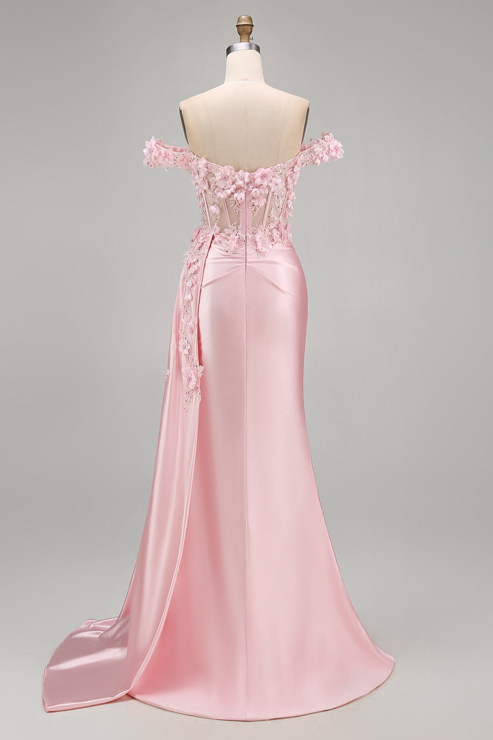 Pink Mermaid Sheer Corset Off The Shoulder Long Prom Dress with Slit