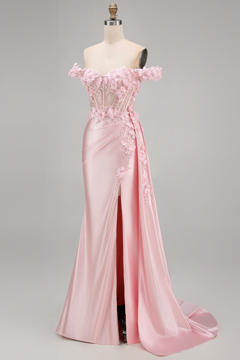 Pink Mermaid Sheer Corset Off The Shoulder Long Prom Dress with Slit