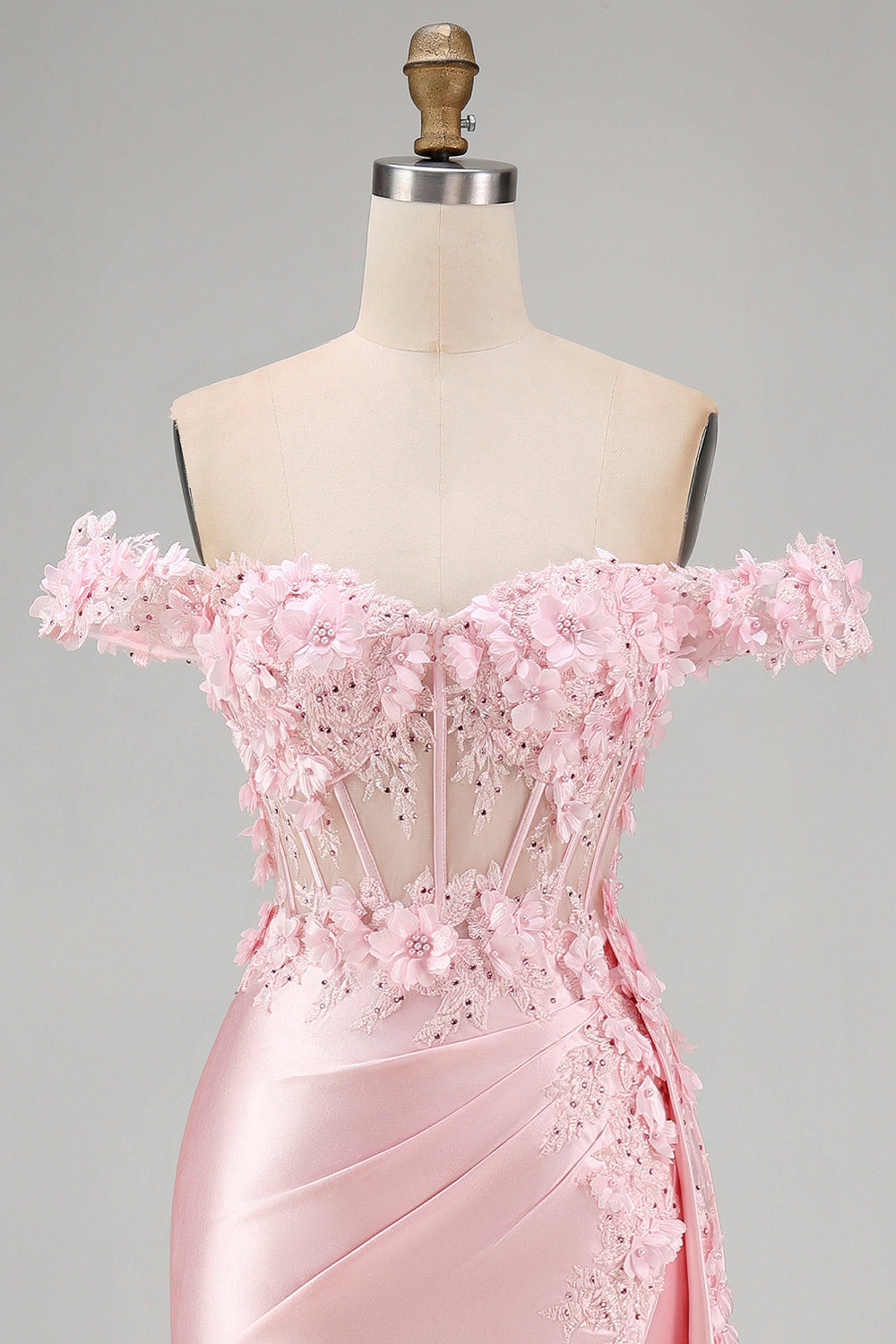 Pink Mermaid Sheer Corset Off The Shoulder Long Prom Dress with Slit