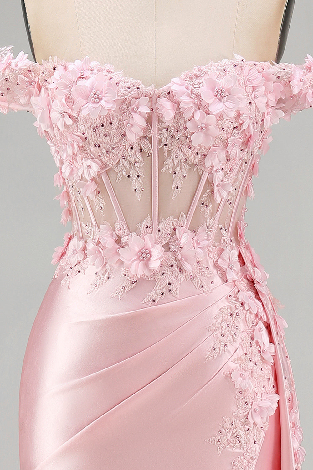 Pink Mermaid Sheer Corset Off The Shoulder Long Prom Dress with Slit