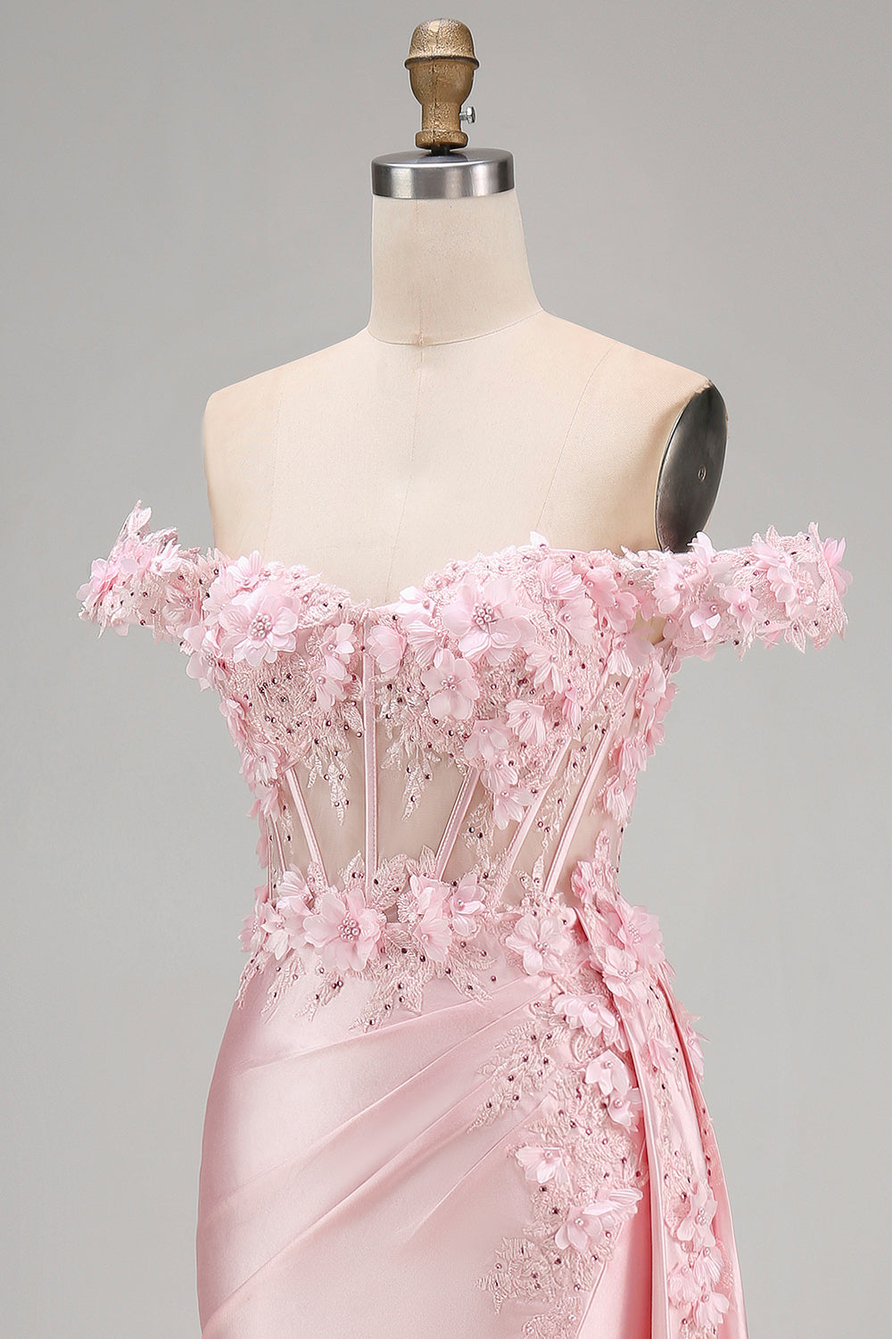 Pink Mermaid Sheer Corset Off The Shoulder Long Prom Dress with Slit