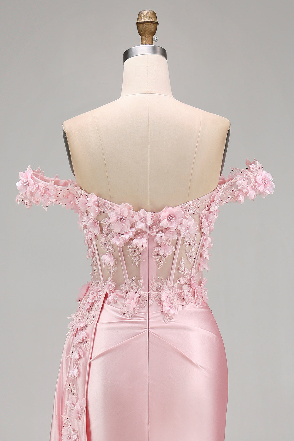 Pink Mermaid Sheer Corset Off The Shoulder Long Prom Dress with Slit