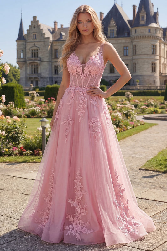Pink A-Line V-Neck Corset Long Tulle Prom Dress