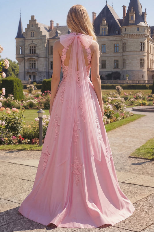 Halter Pink Corset A-Line Open Back Long Prom Dress with Bow