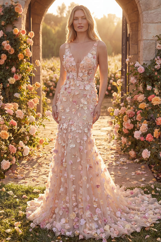 Champagne Tulle Mermaid V-Neck Floral Appliqued Long Prom Dress