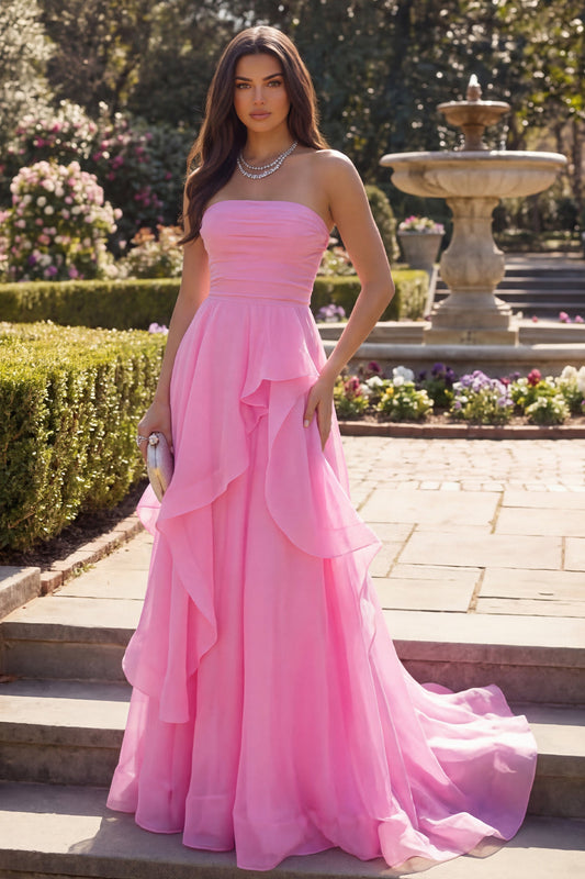 Hot Pink Tulle Sheath Strapless  Long Prom Dress with Ruffles