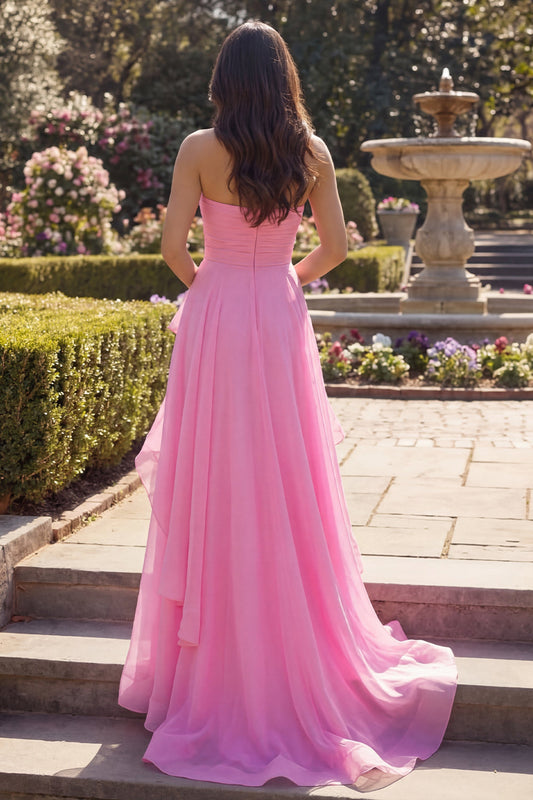 Hot Pink Tulle Sheath Strapless  Long Prom Dress with Ruffles