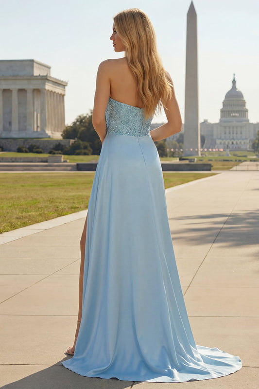 Satin Blue Mermaid Ruched Beaded Strapless Long Prom Dress with Slit
