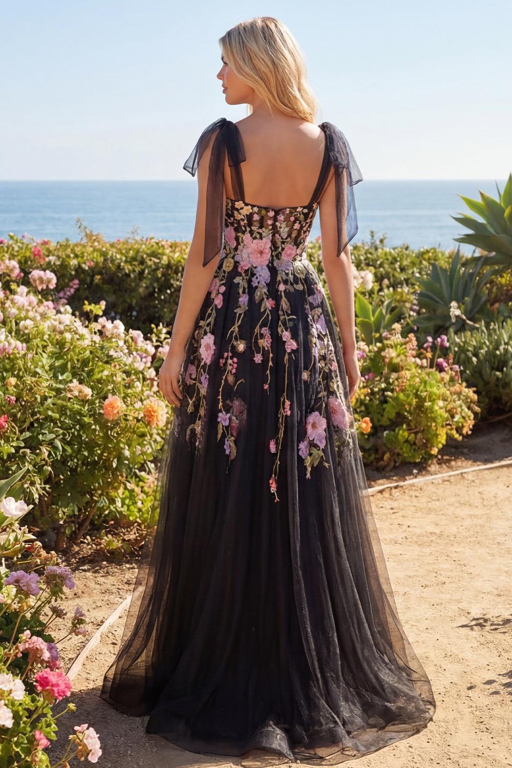 Tulle Black Pink Flower Sweetheart A-Line Embroidered Long Prom Dress with Slit
